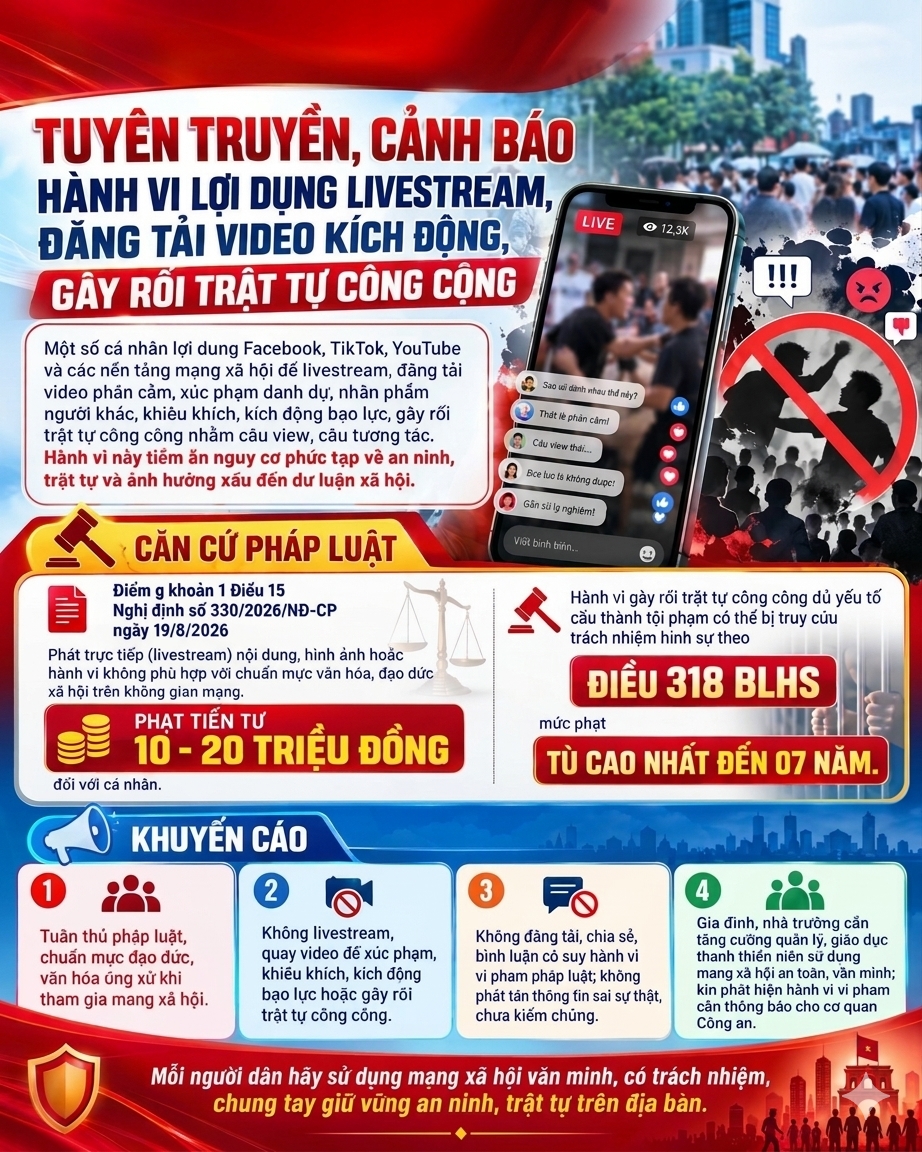 Công an xã Bắc Đông Hưng cảnh báo hành vi lợi dụng livestream, đăng tải video kích động, gây rối trật tự công cộng.