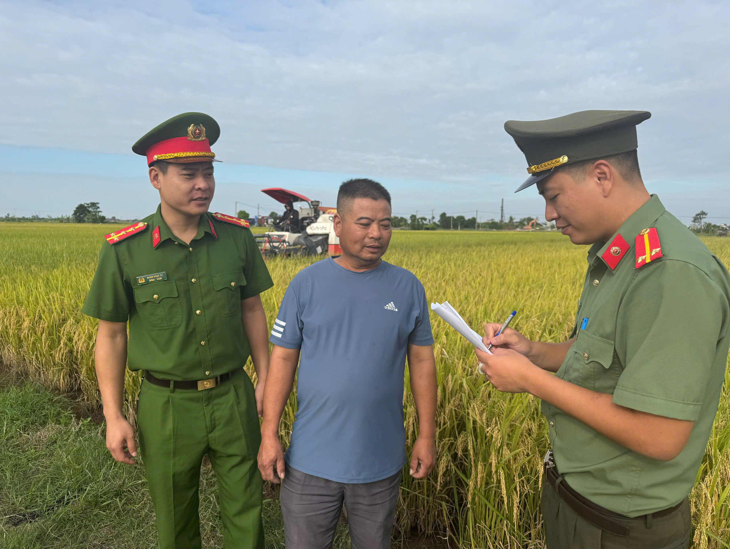 Công an xã Tây Thái Ninh chủ động bảo đảm an ninh, trật tự trong thu hoạch lúa vụ Mùa năm 2026