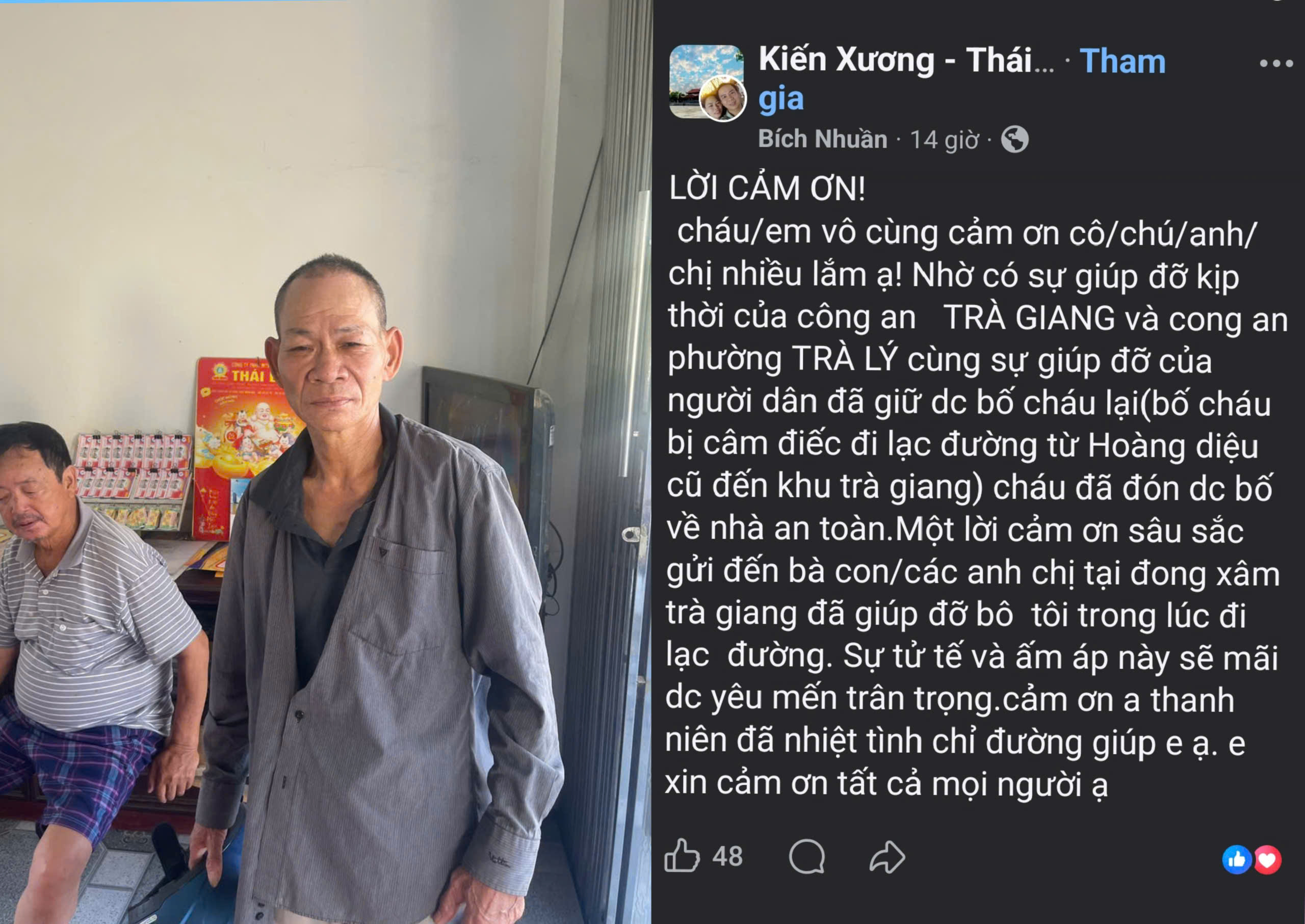 Công an xã Trà Giang kịp thời hỗ trợ người đi lạc trở về với gia đình