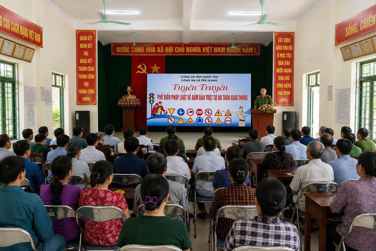 Công an xã Trà Giang tổ chức tuyên truyền pháp luật về bảo đảm trật tự, an toàn giao thông tại thôn Diệm Dương.