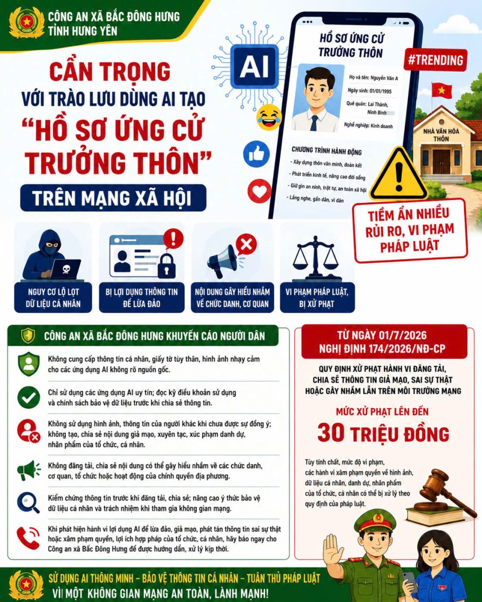 Công an xã Bắc Đông Hưng khuyến cáo sử dụng AI an toàn, bảo vệ dữ liệu cá nhân trên không gian mạng