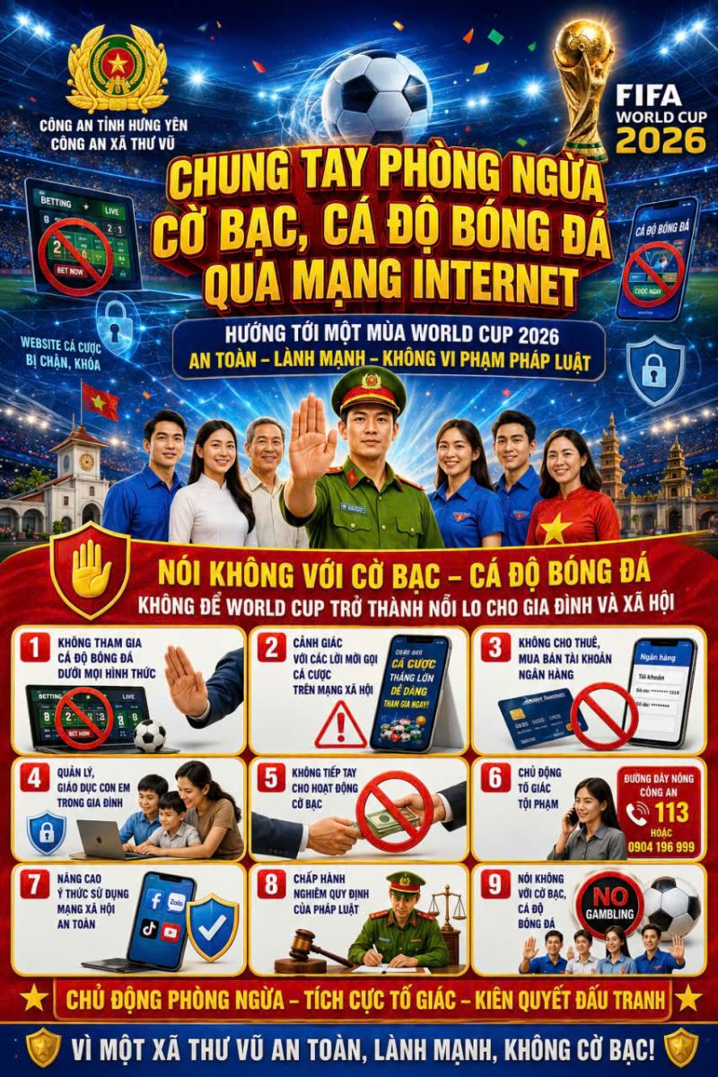 Công an xã Thư Vũ tăng cường tuyên truyền phòng, chống tội phạm và tệ nạn đánh bạc dưới hình thức cá độ bóng đá dịp World Cup 2026