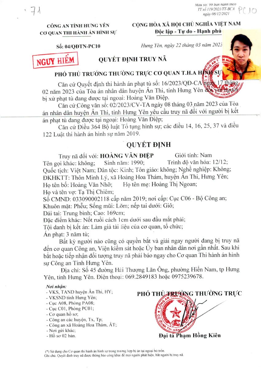 Công an tỉnh Hưng Yên thông báo quyết định truy nã