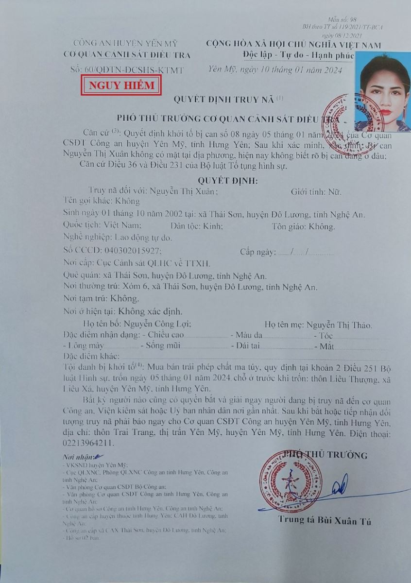 Truy nã: Nguyễn Thị Xuân, SN 2002, trú tại xóm 6, xã Thái Sơn, huyện Đô Lương, tỉnh Nghệ An