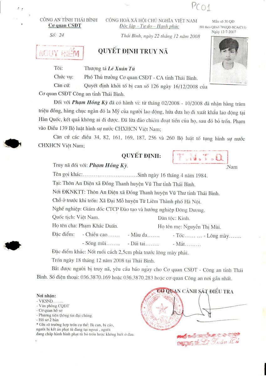 Công an tỉnh Hưng Yên thông báo quyết định truy nã