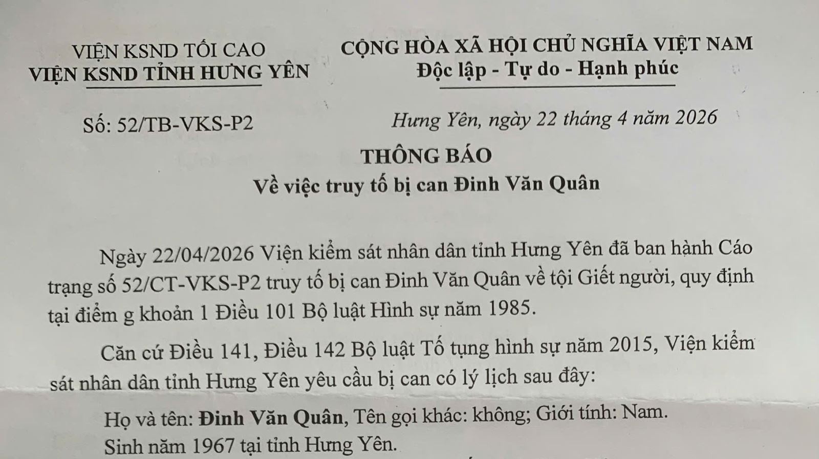 Thông báo của Viện kiểm sát nhân dân tỉnh Hưng Yên về việc truy tố bị can Đinh Văn Quân