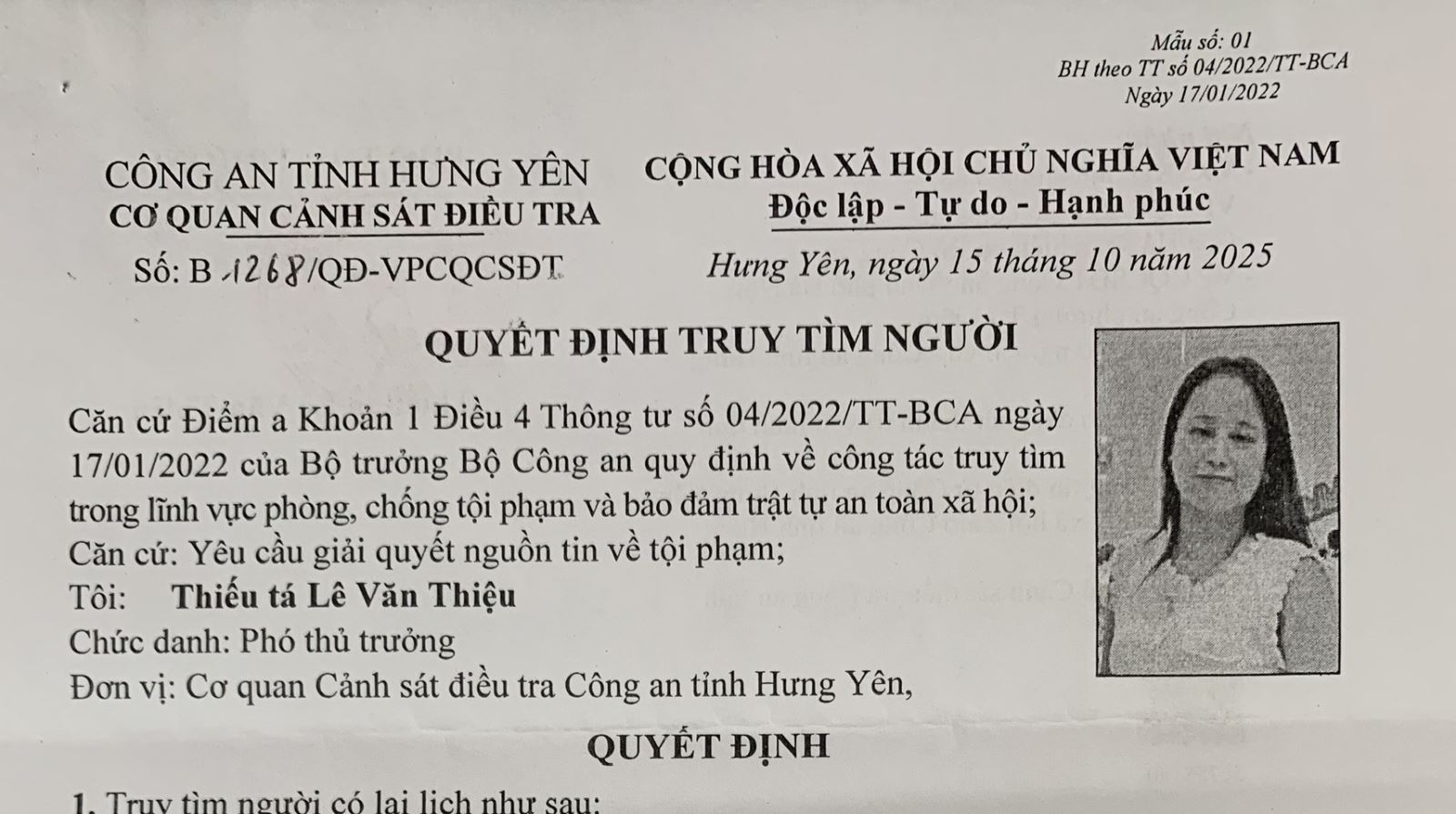 Quyết định truy tìm Phạm Thị Sâm, sinh năm 1988, trú tại phường Từ Liêm, thành phố Hà Nội