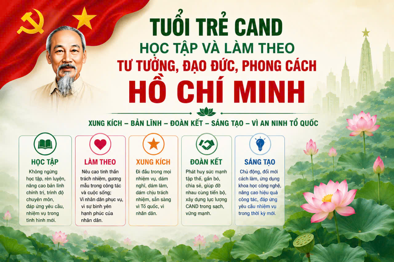 TUỔI TRẺ CAND - TIẾP BƯỚC ÁNH SÁNG TƯ TƯỞNG HỒ CHÍ MINH, VỮNG BƯỚC VÌ BÌNH YÊN TỔ QUỐC