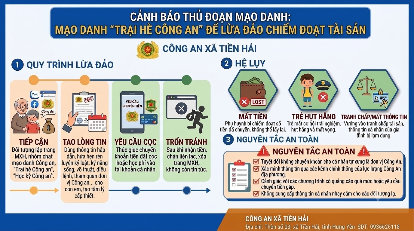 CÔNG AN XÃ TIỀN HẢI CẢNH GIÁC THỦ ĐOẠN MẠO DANH “TRẠI HÈ CÔNG AN” ĐỂ LỪA ĐẢO
