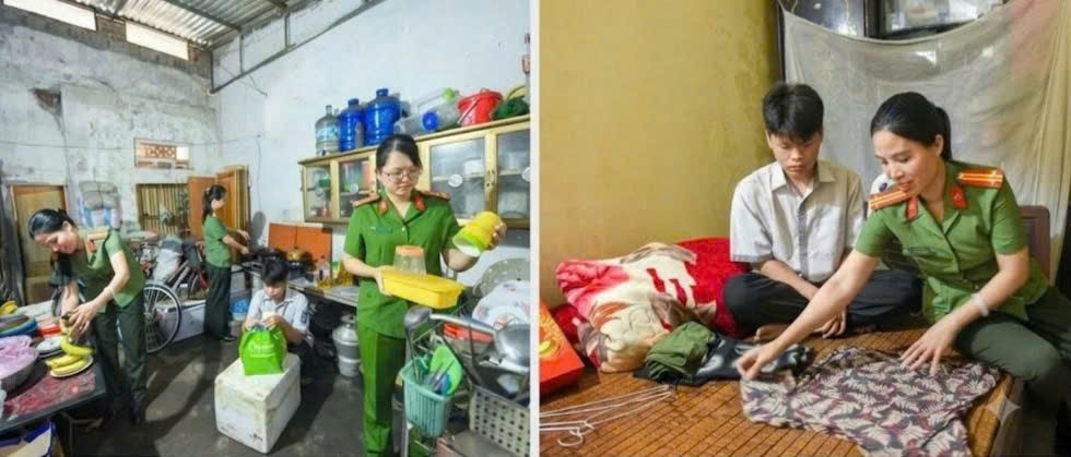 Cán bộ Công an phường hướng dẫn em Nguyễn Tuấn Minh các công việc hàng ngày