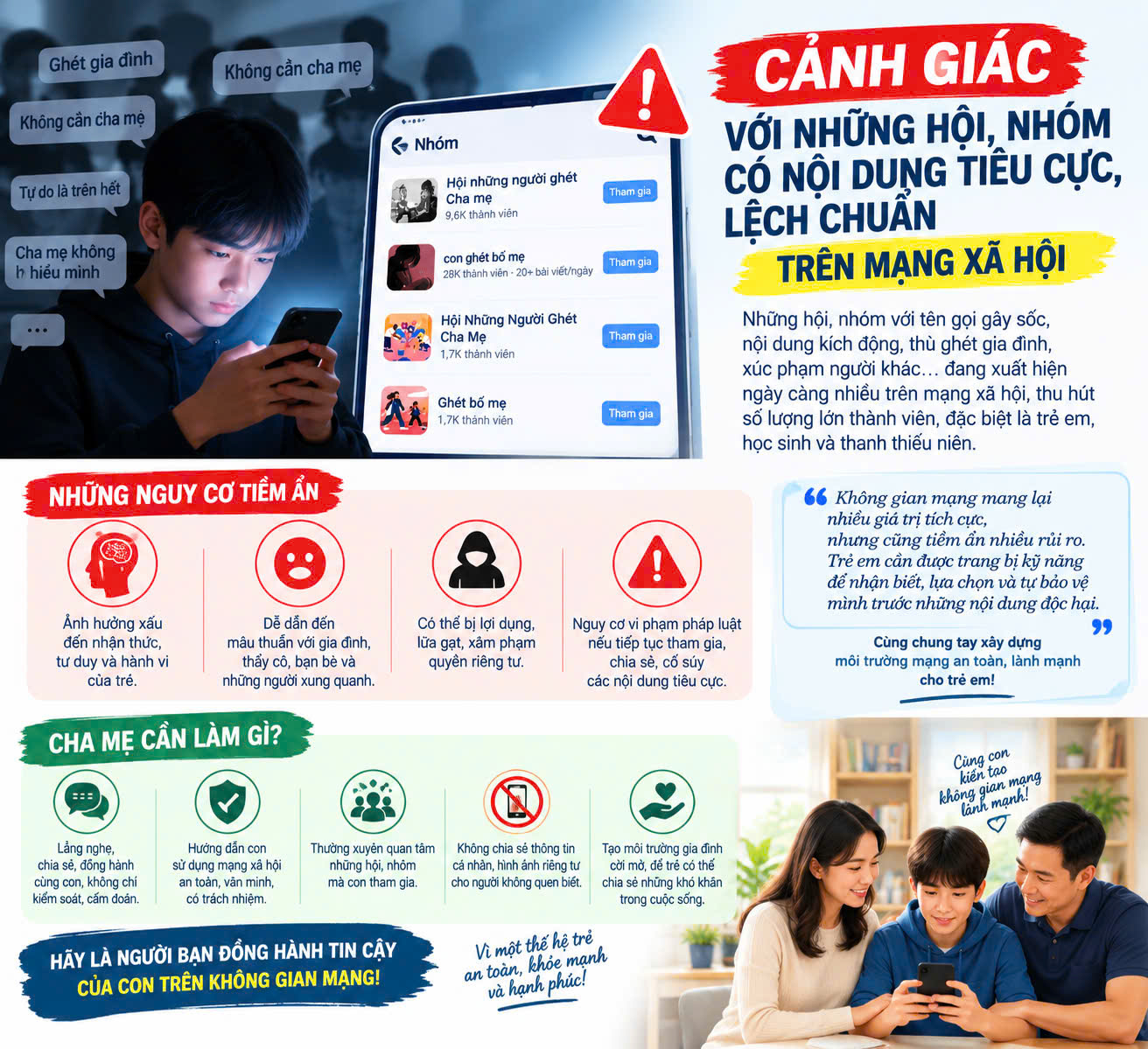 Công an xã Hiệp Cường khuyến cáo phụ huynh học sinh cảnh giác với những hội, nhóm có nội dung tiêu cực, lệch chuẩn trên mạng xã hội