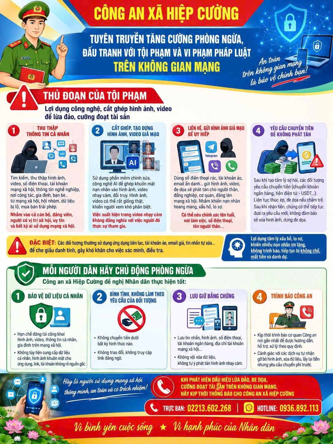 Công an xã Hiệp Cường cảnh báo tội phạm lừa đảo chiếm đoạt tài sản và cưỡng đoạt tài sản trên không gian mạng