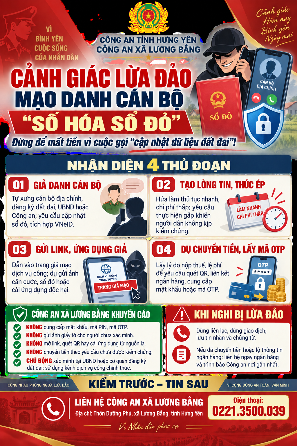 Công an xã Lương Bằng khuyến cáo cảnh giác với thủ đoạn mạo danh cán bộ “số hóa sổ đỏ” để lừa đảo