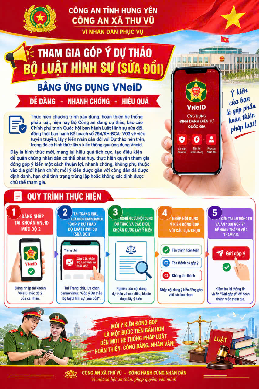 Công an xã Thư Vũ hướng dẫn người dân góp ý dự thảo Bộ luật Hình sự (sửa đổi) trên VNeID