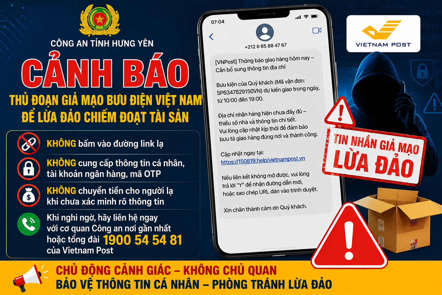 Công an tỉnh Hưng Yên cảnh báo người dân thủ đoạn lừa đảo giả danh  Bưu điện Việt Nam nhằm chiếm đoạn tài sản