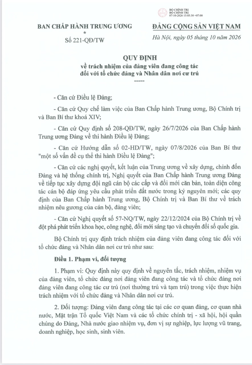 Quy định số 221-QĐ/TW: Những nội dung cần lưu ý đối với đảng viên trong lực lượng Công an nhân dân