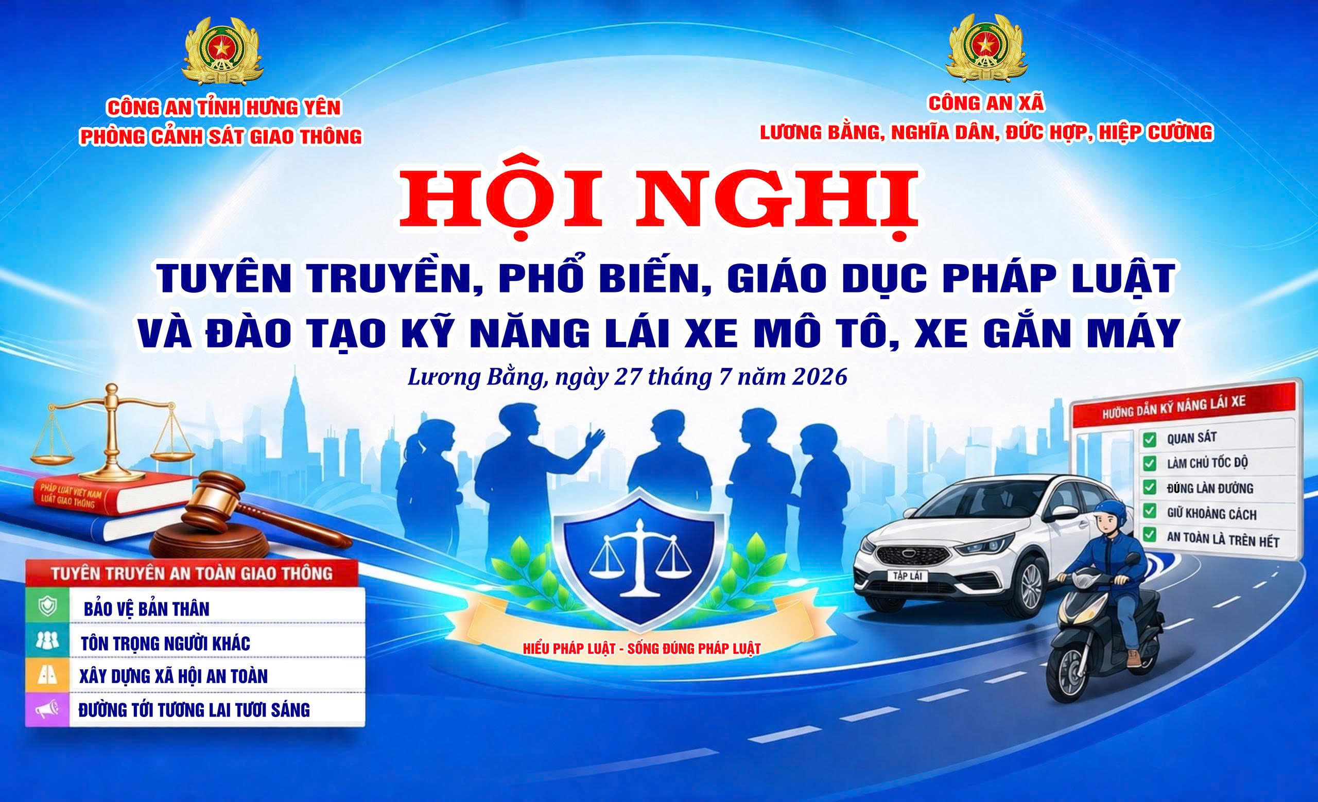 Công an xã Lương Bằng phối hợp công an các xã Nghĩa Dân, Hiệp Cường, Đức Hợp và Phòng Cảnh sát giao thông Công an tỉnh tổ chức hội nghị tuyên truyền, giáo dục pháp luật cho thanh, thiếu niên