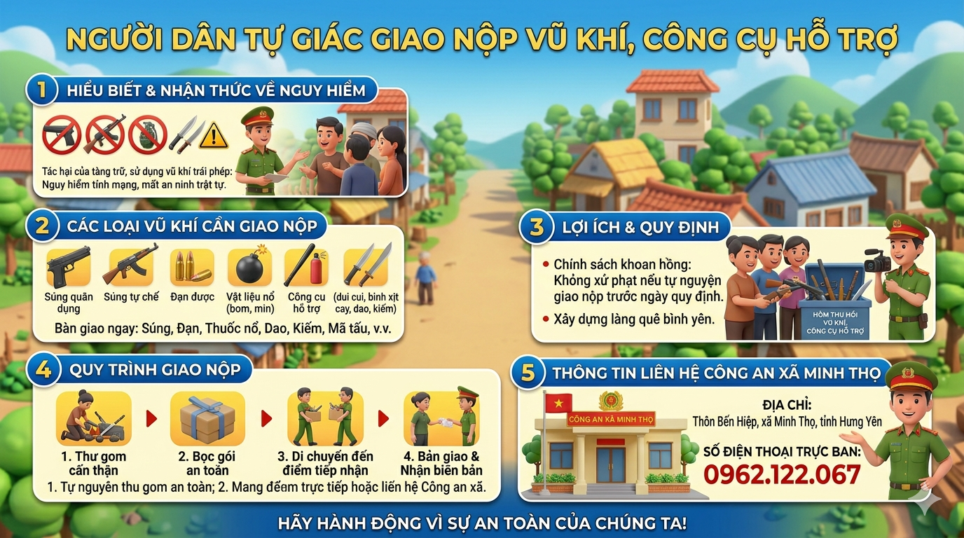 Công an xã Minh Thọ tỉnh Hưng Yên: Tăng cường công tác tuyên truyền, vận động người dân giao nộp vũ khí, vật liệu nổ, công cụ hỗ trợ.
