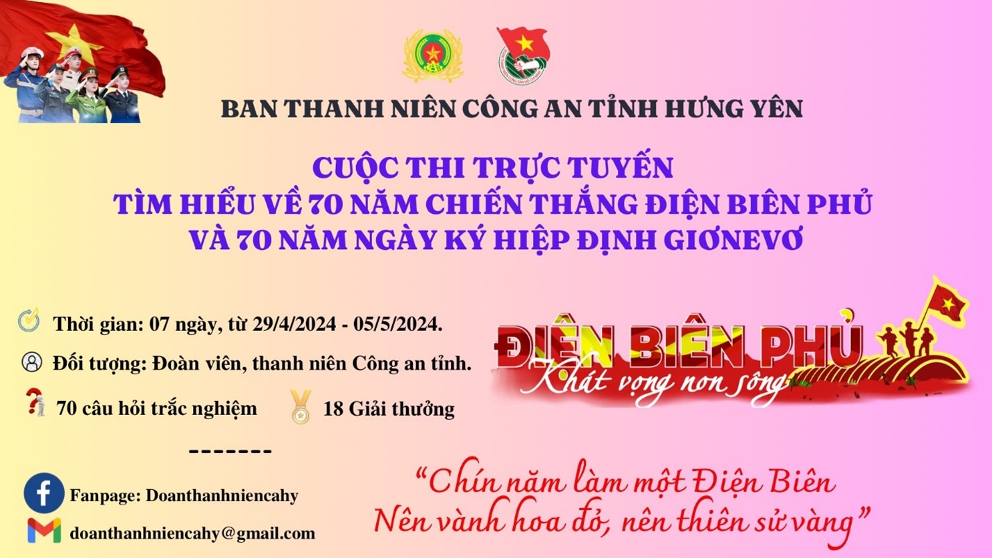 Ban Thanh niên Công an tỉnh:  Tổ chức Cuộc thi trực tuyến “Tìm hiểu 70 năm Chiến thắng Điện Biên Phủ (07/5/1954 - 07/5/2024) và 70 năm Ngày ký hiệp định Giơnevơ (21/7/1954 - 21/7/2024)”.