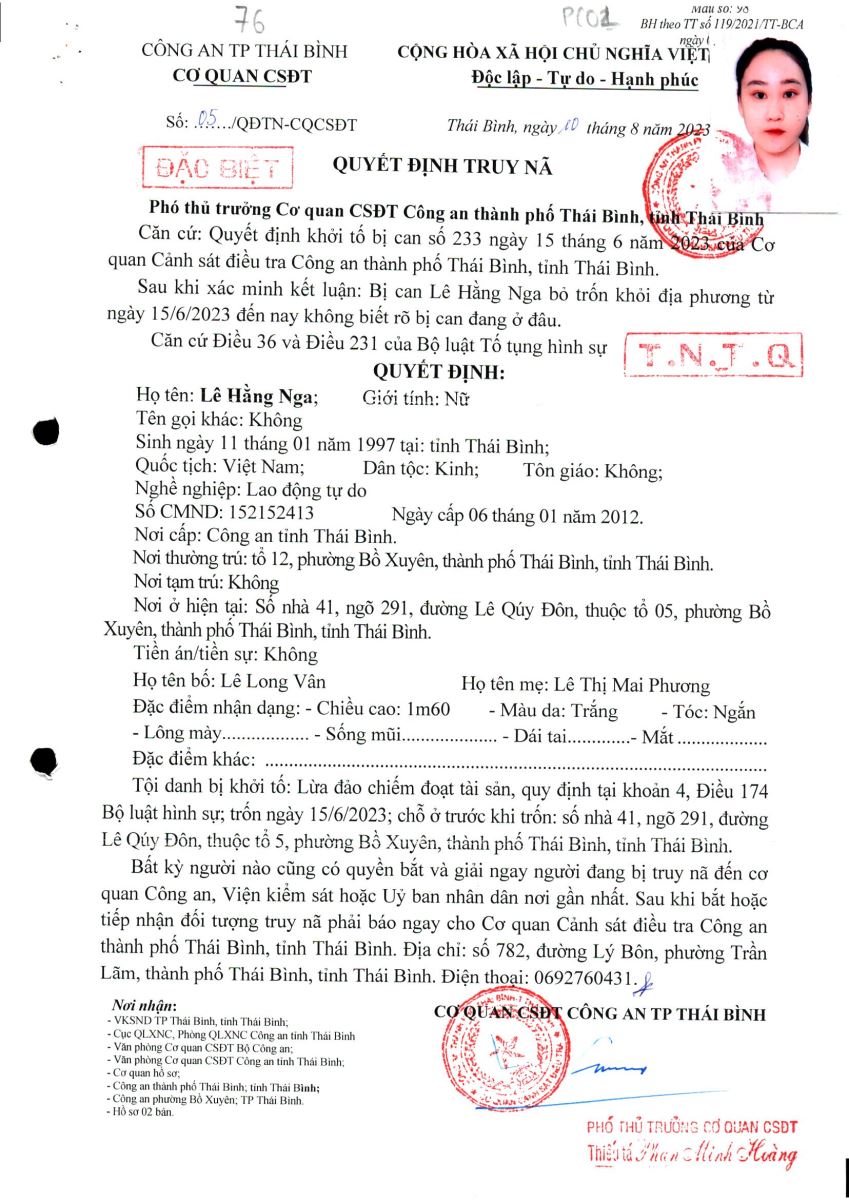Công an tỉnh Hưng Yên thông báo quyết định truy nã