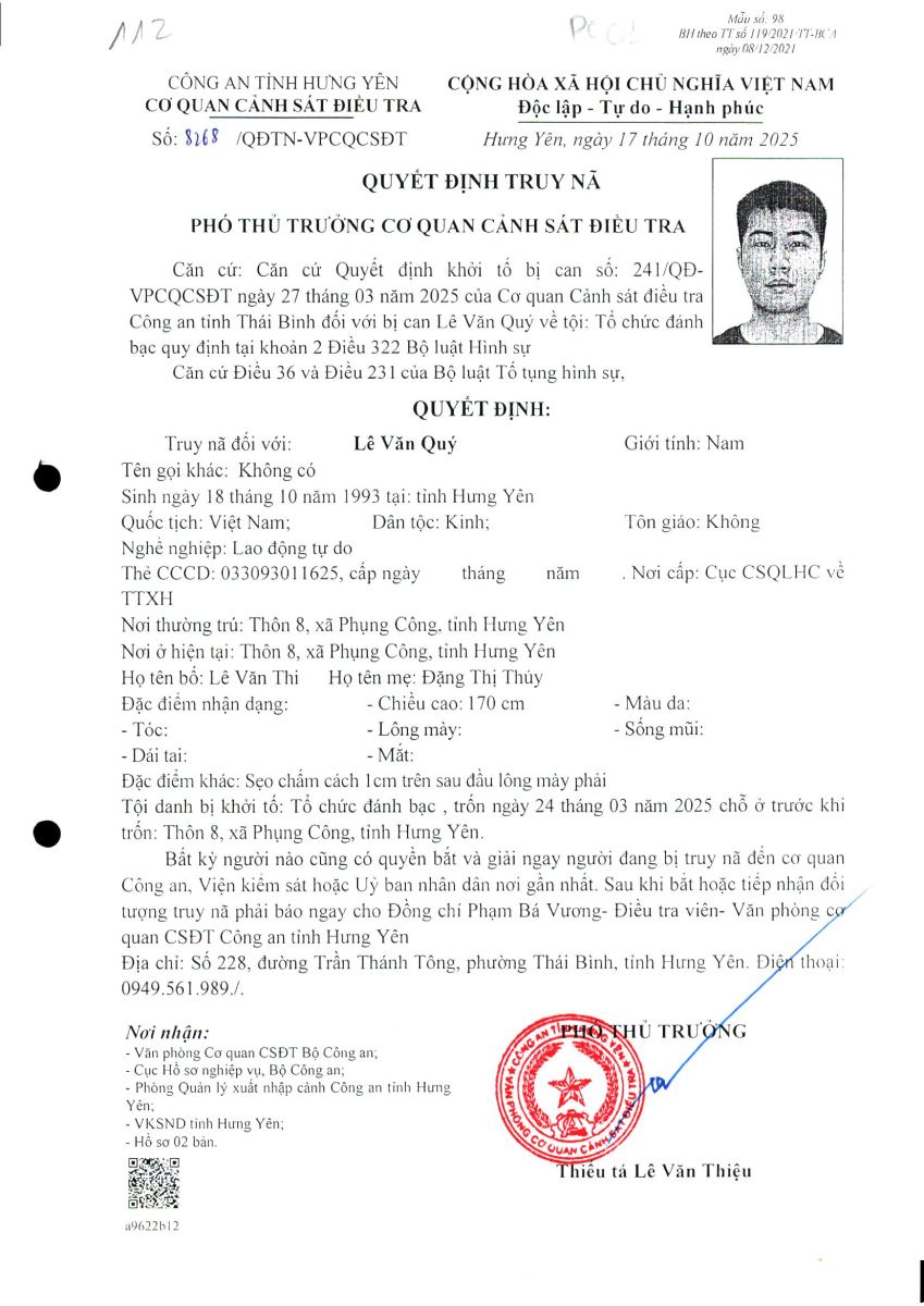 Công an tỉnh Hưng Yên thông báo quyết định truy nã