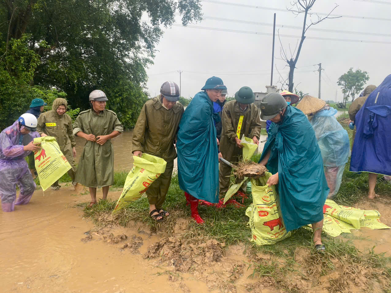 Công an phường Thượng Hồng huy động lực lượng hỗ trợ đắp đê, ngăn nước tràn vào khu vực trồng lúa, hoa màu và nhà dân.