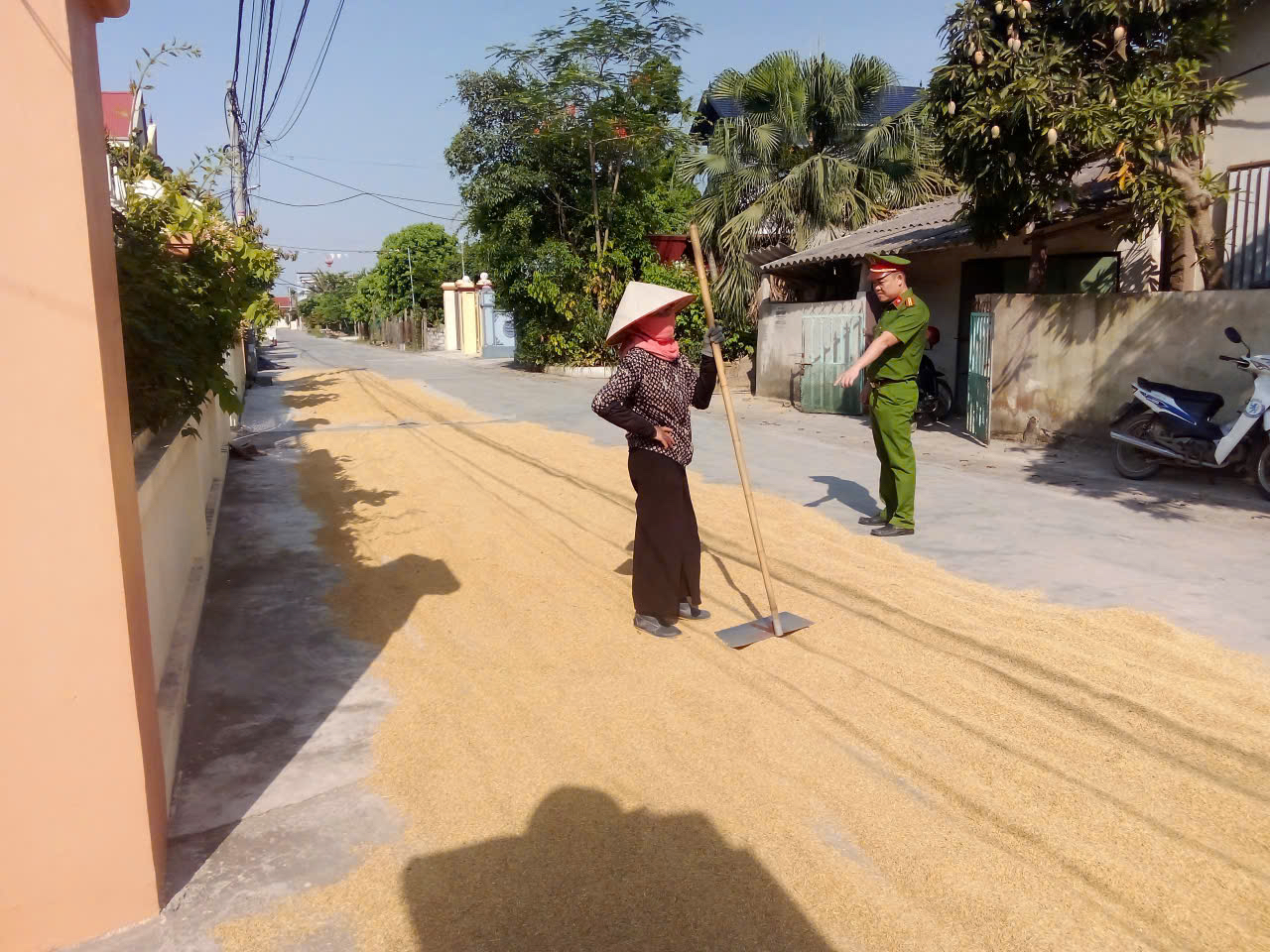 Công an xã Đoàn Đào tập trung tuyên truyền, nhắc nhở bà con nhân dân không phơi thóc ra đường không đốt rơm, rạ ảnh hưởng đến trật tự an toàn giao thông, trật tự công cộng.